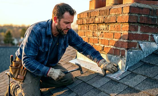 Flashing pinned by lamplight on a Brookline chimney